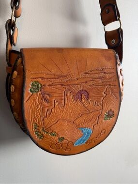 Vintage Genuine Leather Tooled Western Saddle Bag Desert Scene Boho Crossbody
